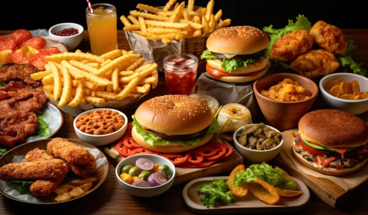 Delicious junk food with soft drinks and various sauces on a table