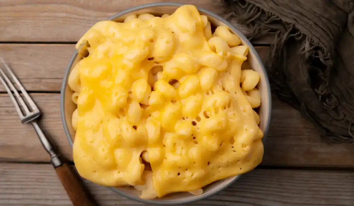 Closeup of melted macaroni and cheese