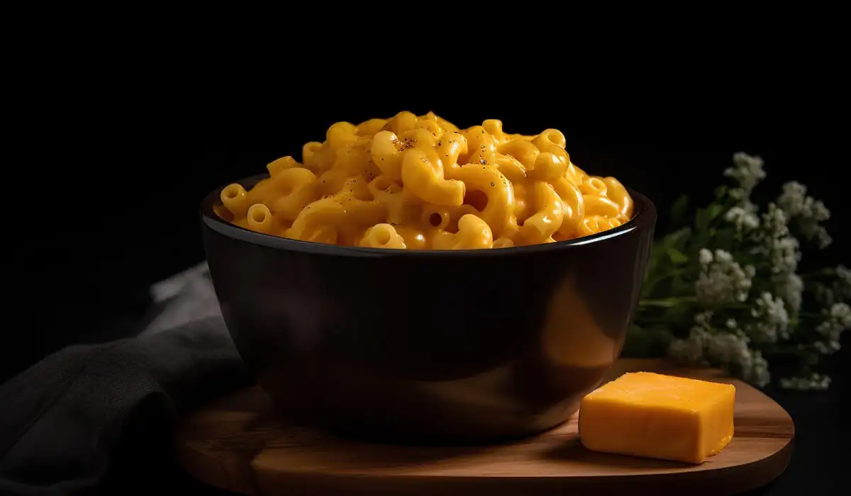 A black bowl of macaroni and cheese