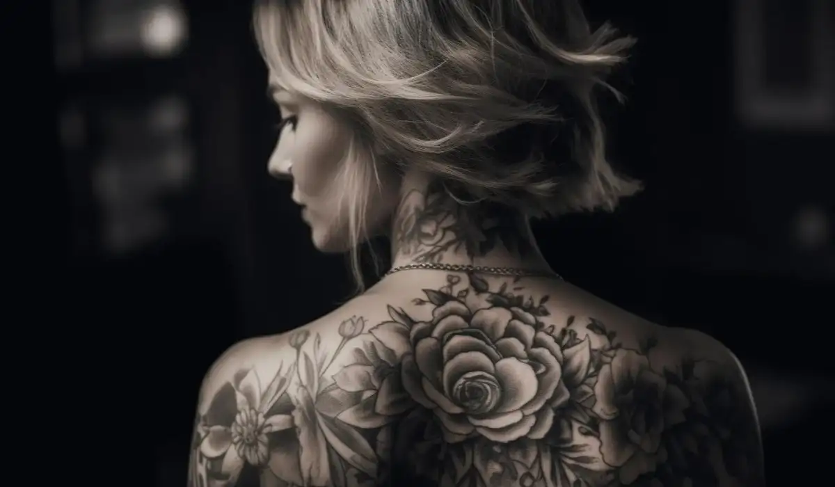 A young woman with tattooed elegance on a black background