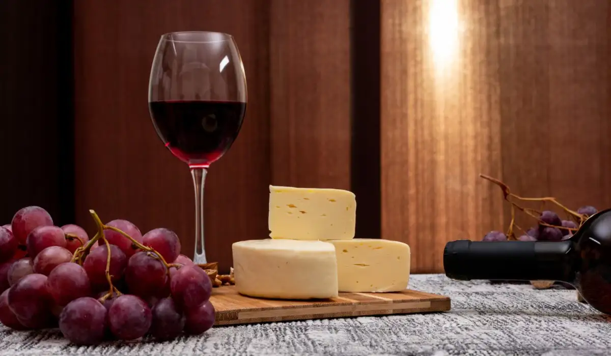 Wine with grapes and cheese on white wooden table