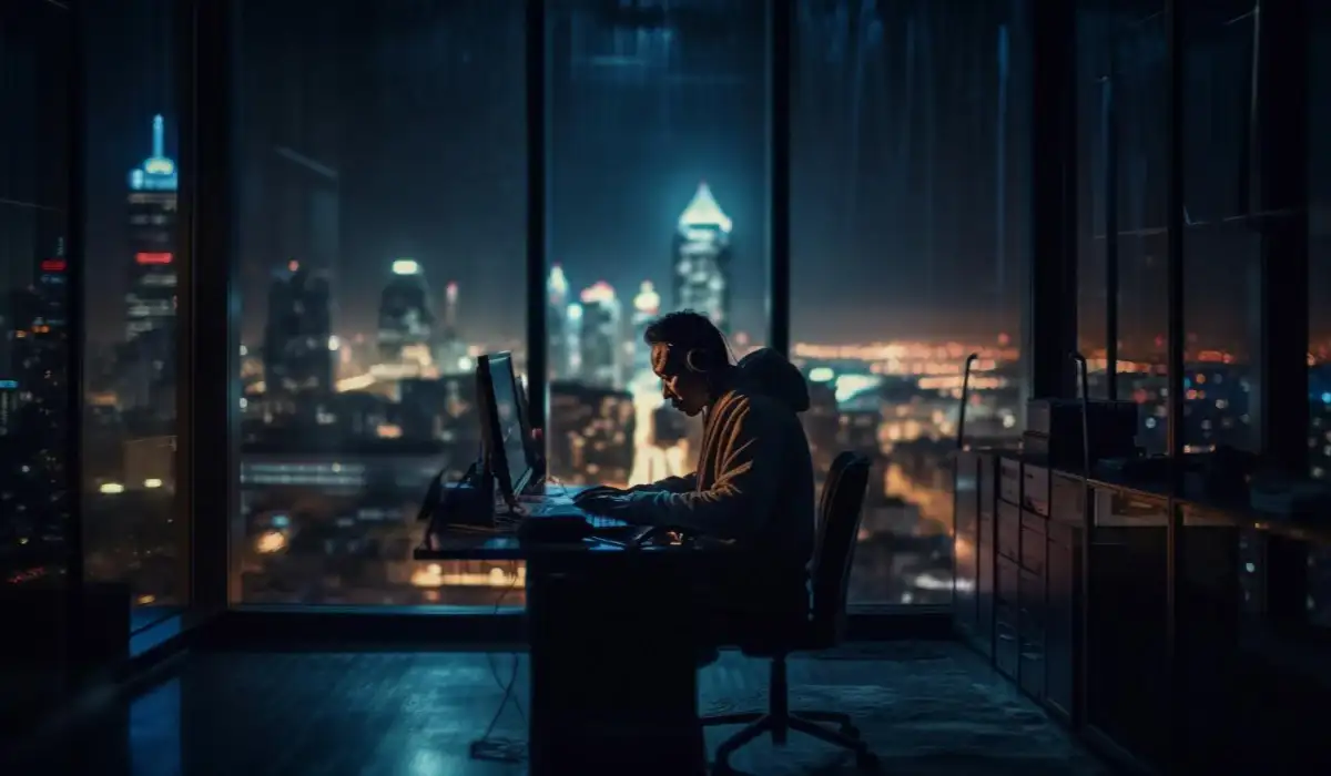 City businessman using a computer in skyscraper office