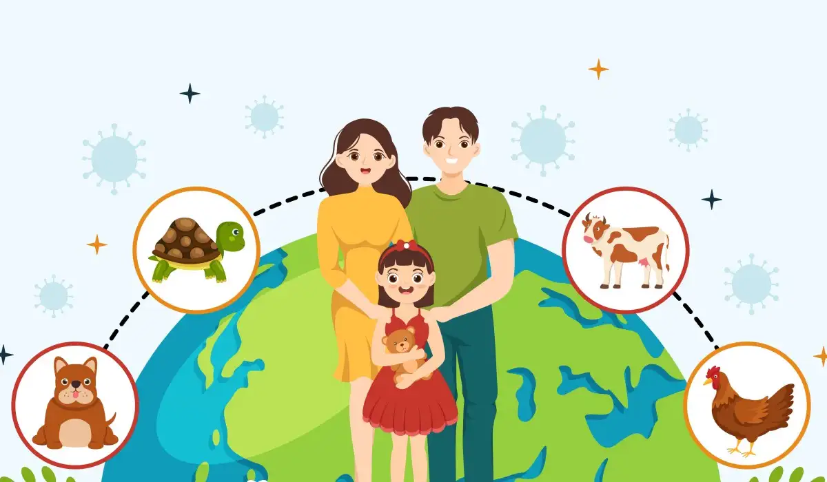 A family with the world and several zoo animals in an illustration of the transfer of viruses from these animals to humans
