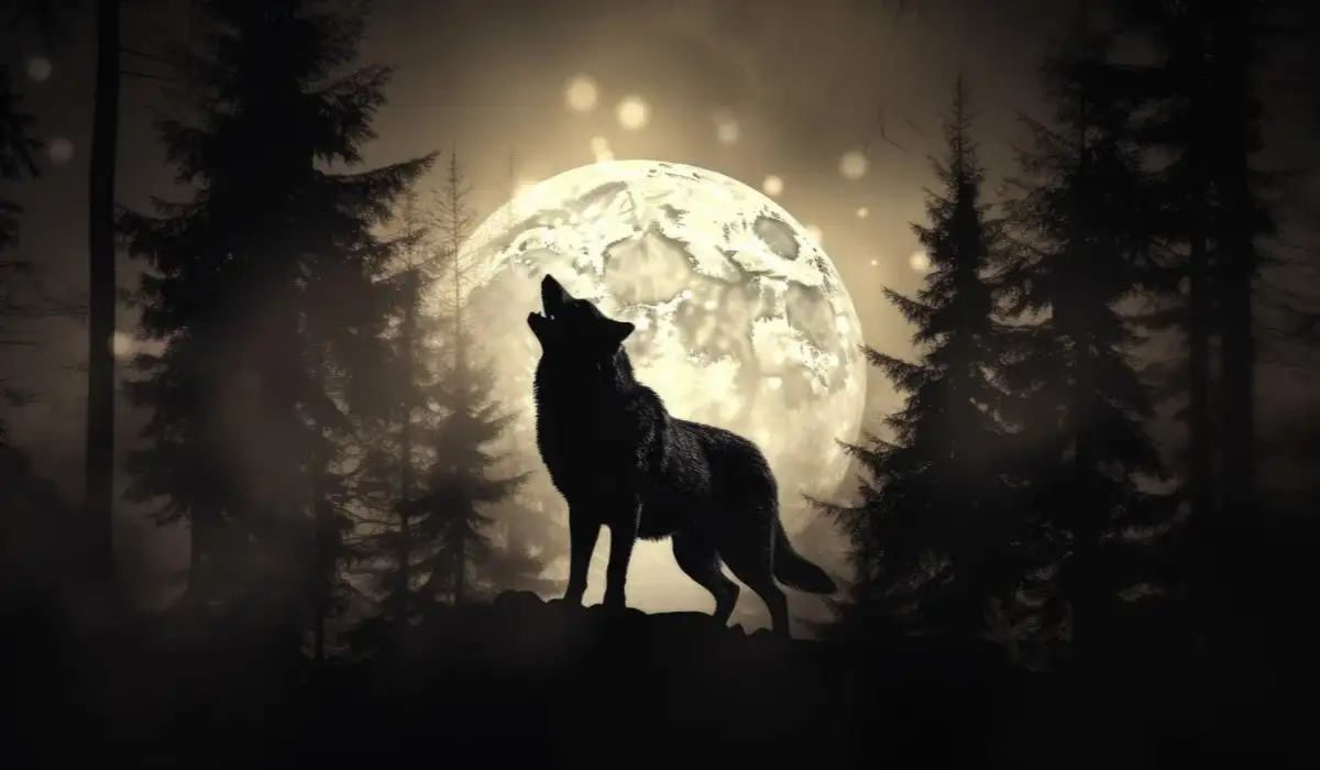 Silhouette of a howling wolf against a moonlit sky and arid forest.