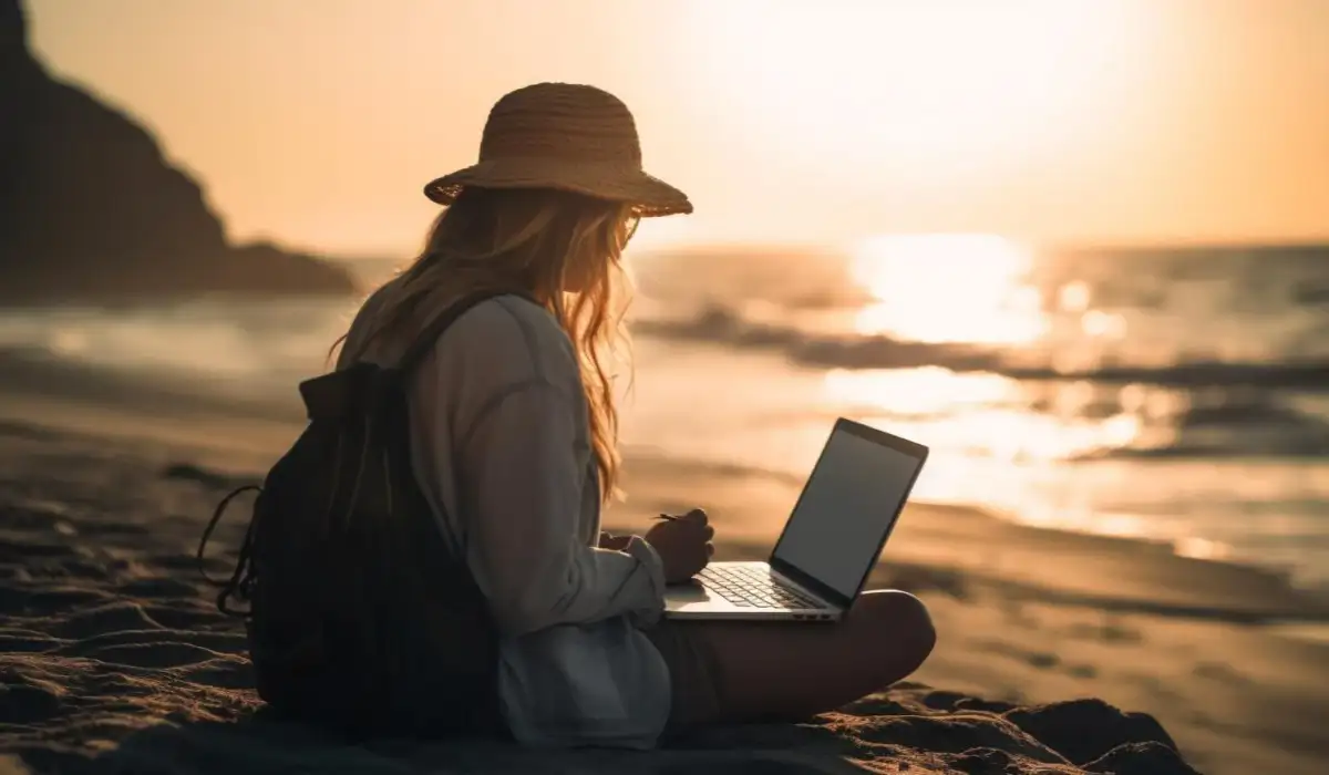 Young woman typing on a laptop in the middle of the beach, known as a digital nomad