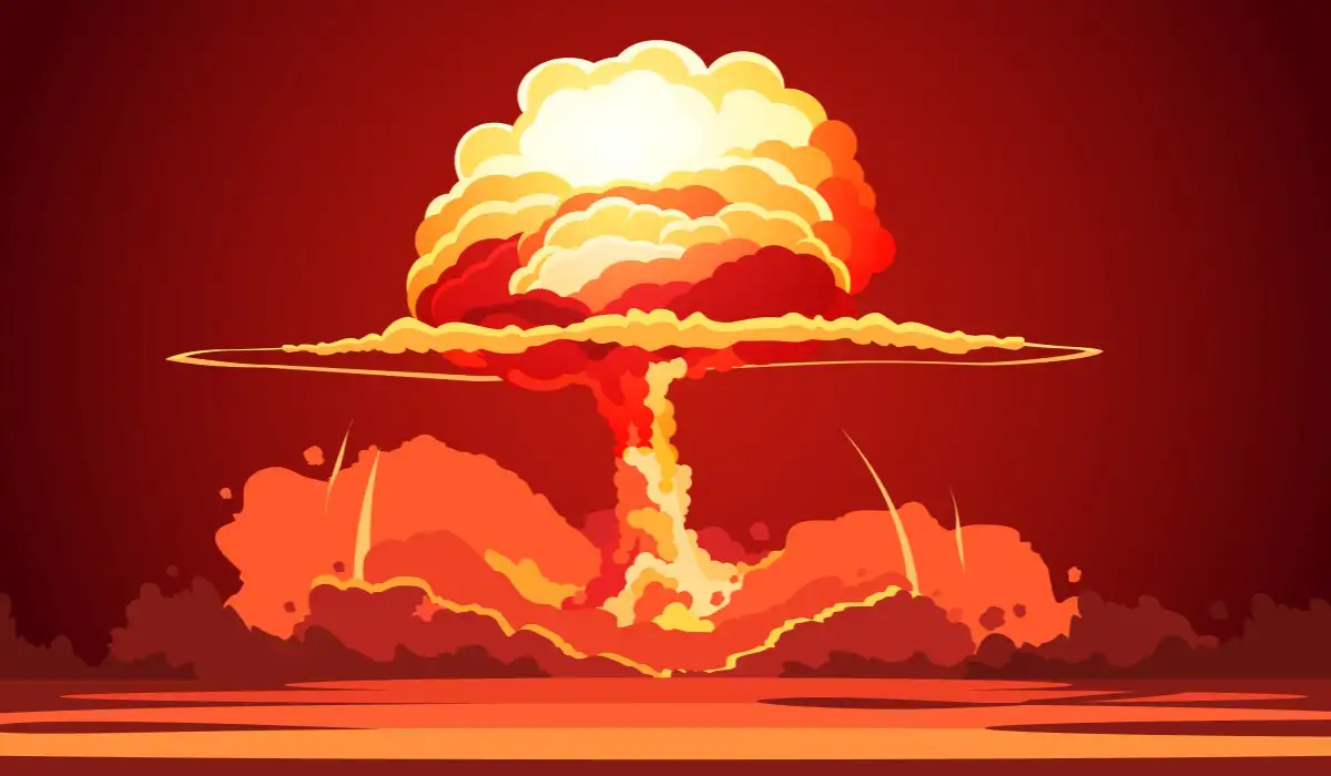 Nuclear explosion raising an orange fireball from an atomic mushroom cloud in a desert
