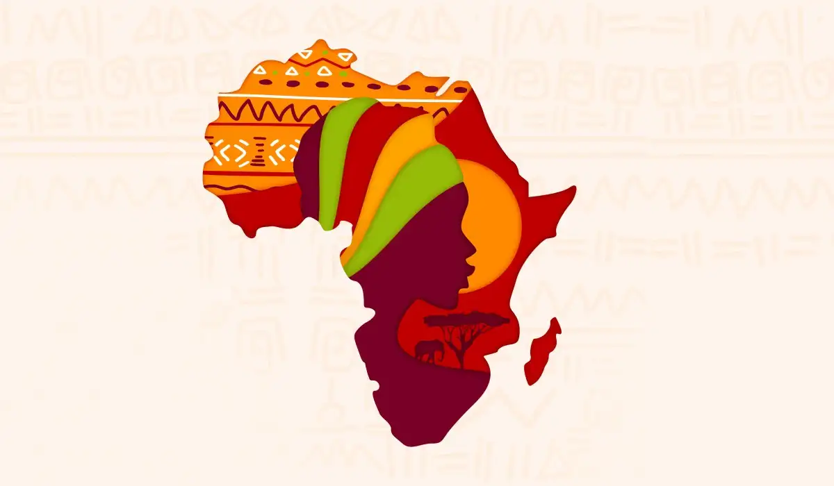 Outline of Africa in which there is a silhouette of a woman and the savanna in the background