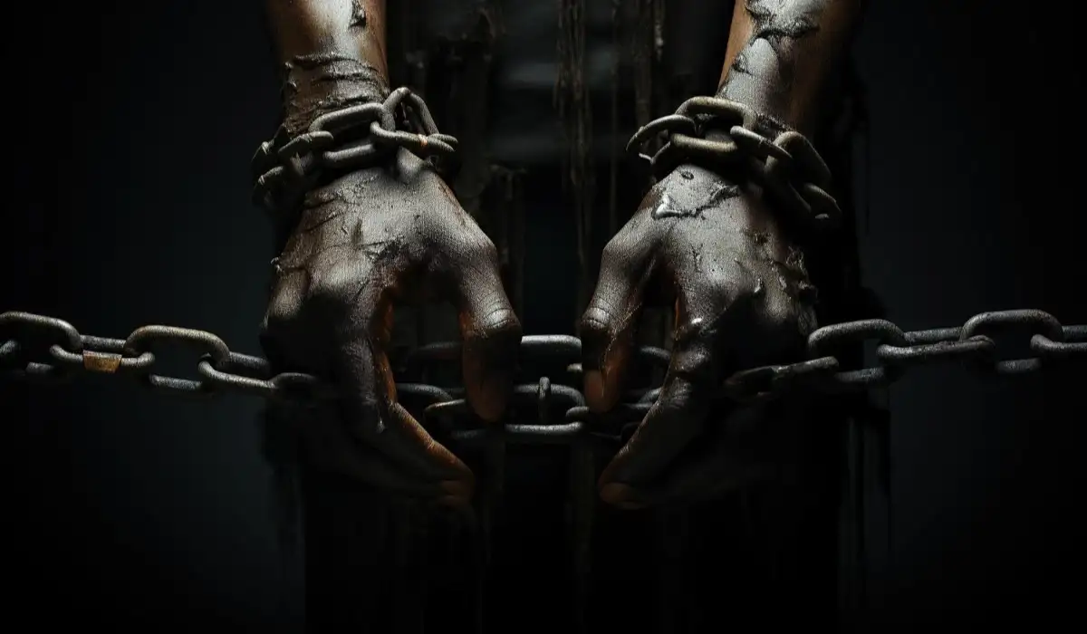 Human hands are chained on a black background, illustrates the concept of slavery