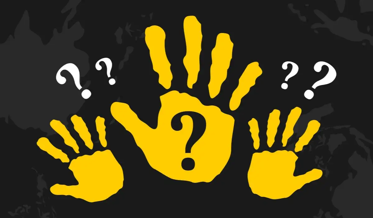Yellow palm print with question marks in illustration about victims of enforced disappearances