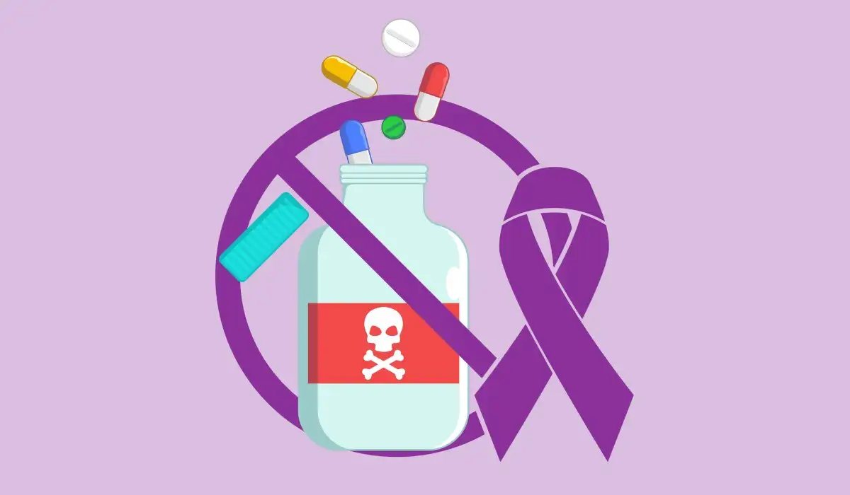 Purple ribbon with a drug canister with prohibition sign in overdose awareness