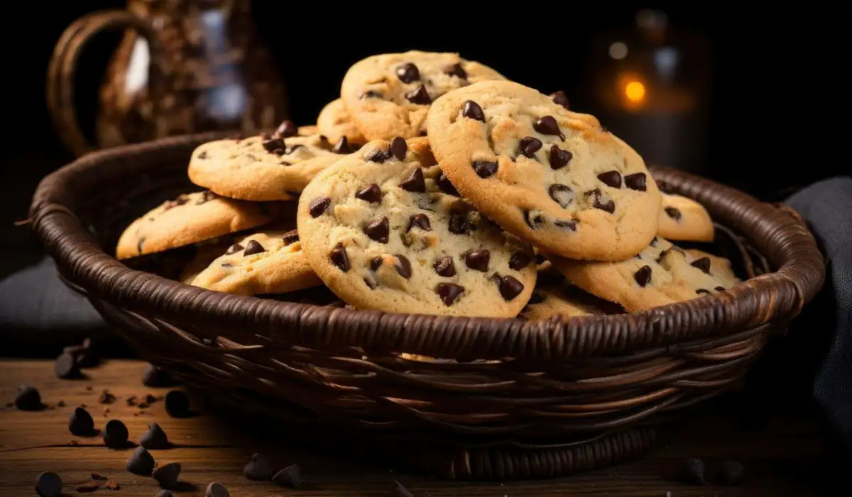 Delicious chocolate chip cookies in basket