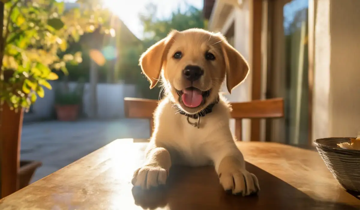 Labrador retriever puppy perched on the chair leaning on the table