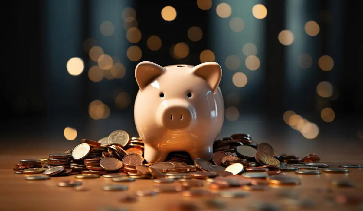A piggy bank overflowing with coins symbolizes savings and financial education