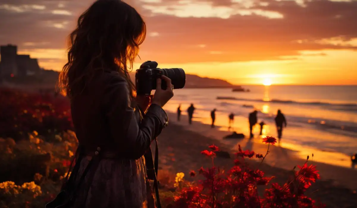 Woman taking photos on the beach at sunset