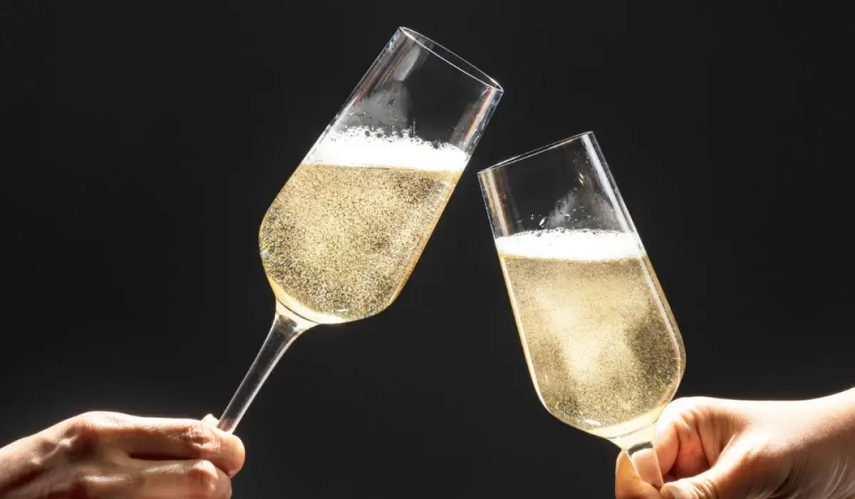 Couple celebrating with prosecco on dark background