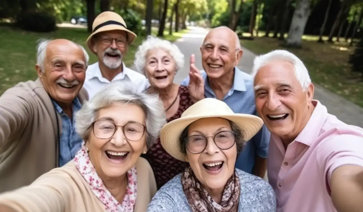 Group of happy seniors taking selfies in city park