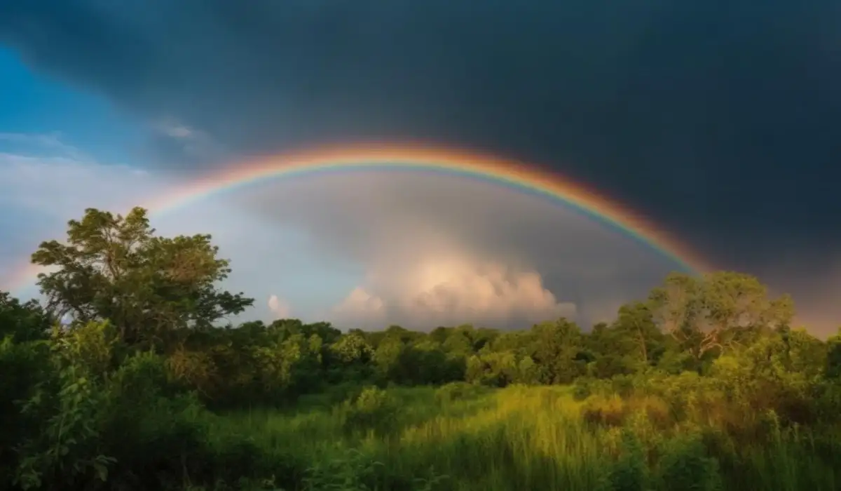 The vibrant colors of a rainbow in nature paint a majestic horizon