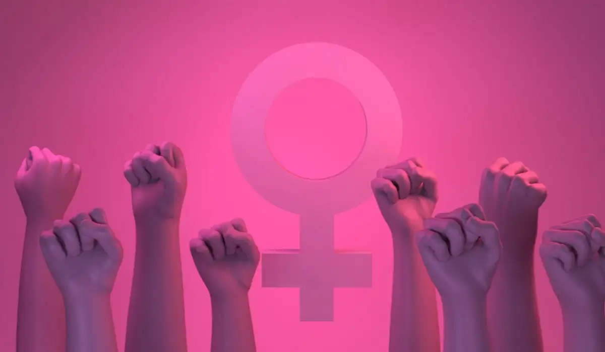 Woman's fists in equality sign and female symbol in the center