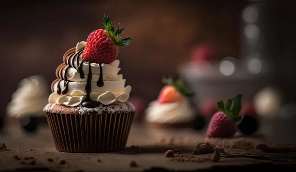 A cupcake with chocolate and strawberry toppings