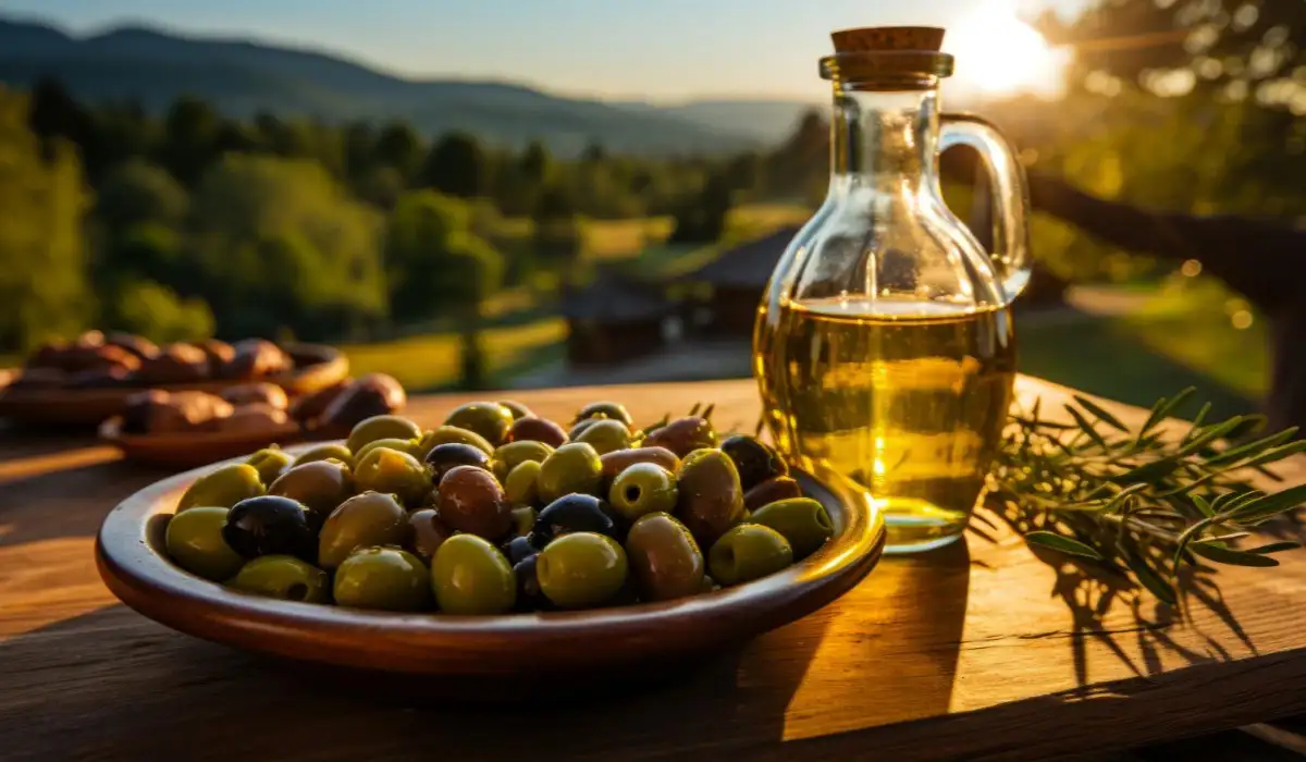 Bottle of pure oil and a plate with olives on the table against the background of an olive grove