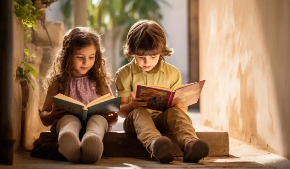 Cute little children reading a book sitting on step