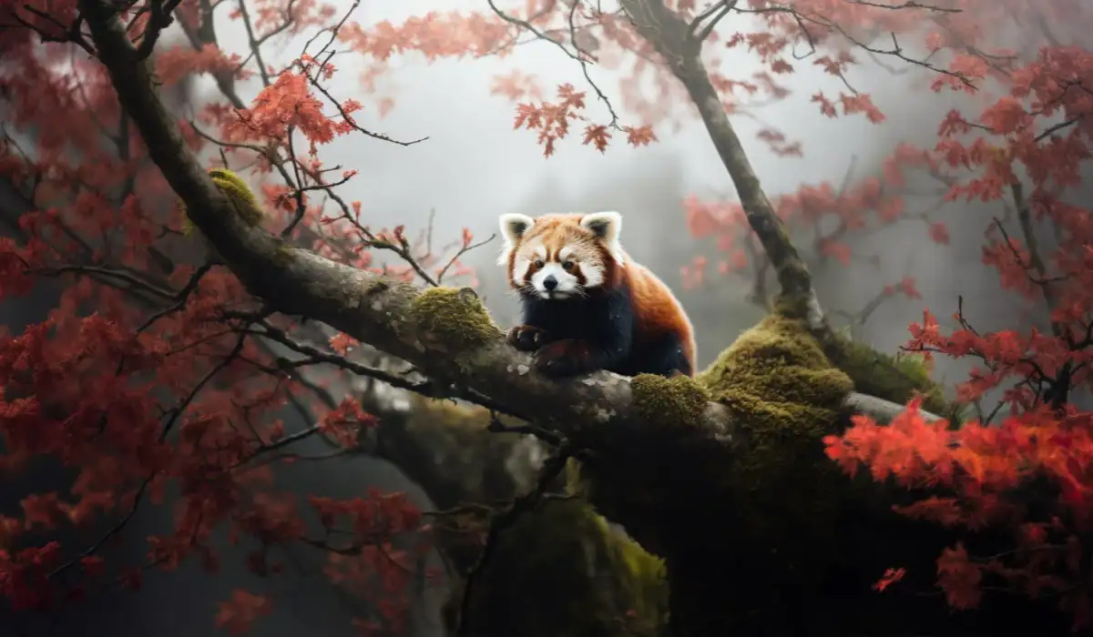 View of wild red panda on a branch