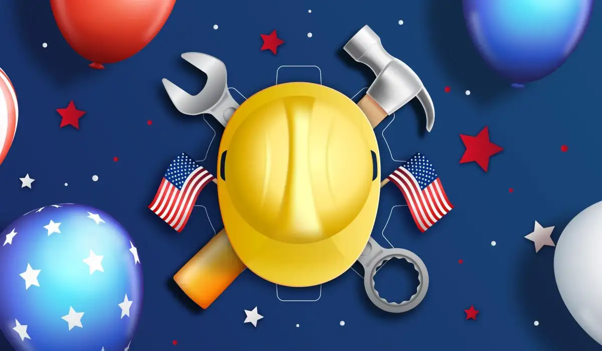 Yellow helmet with hammer and wrench underneath with balloons