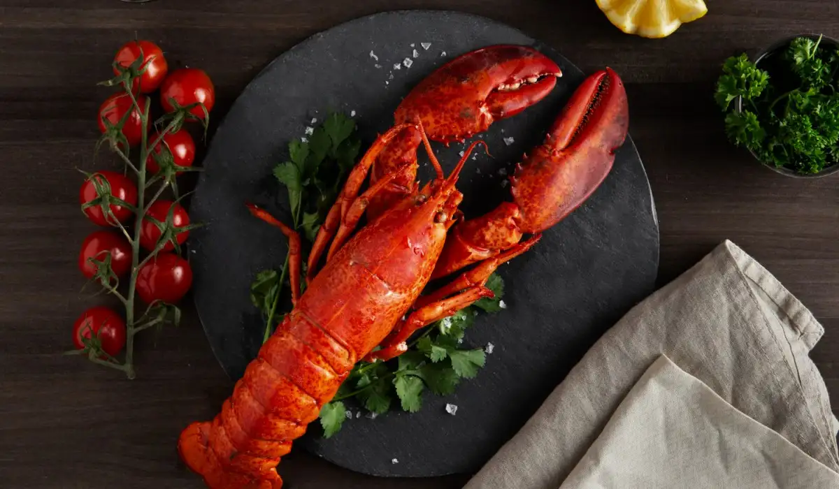 Delicious lobster on a plate with lemon and tomatoes on the side of the plate