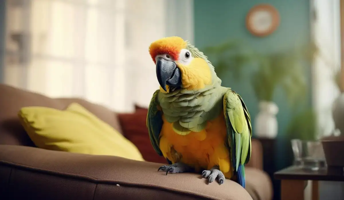 Cute macaw bird in the living room