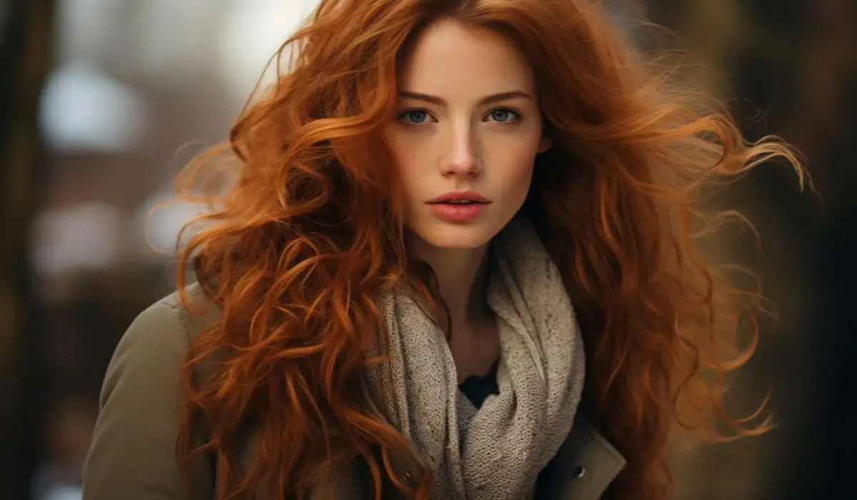 Young adult woman with long curly red hair