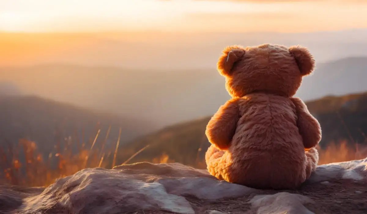 Back view of teddy bear sitting with mountain view background at sunset