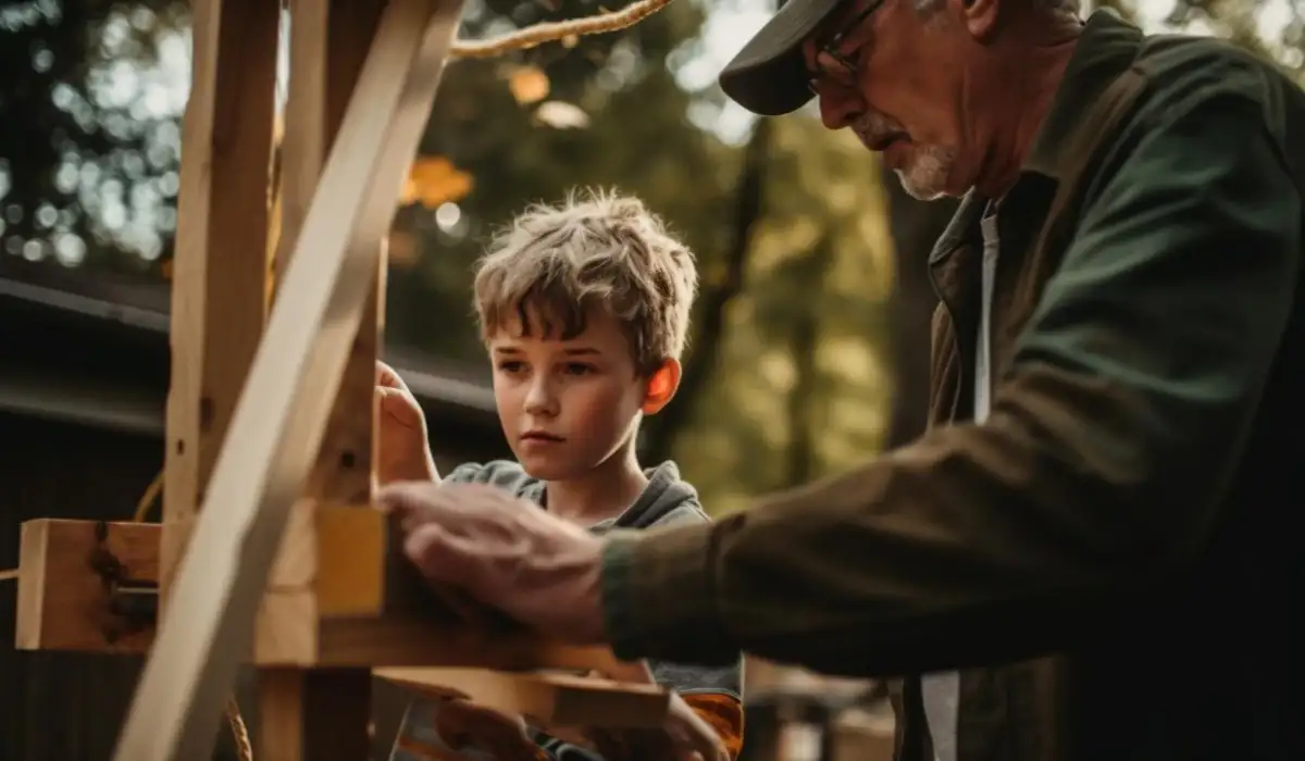 Grandfather and grandson bonded by carpentry in nature