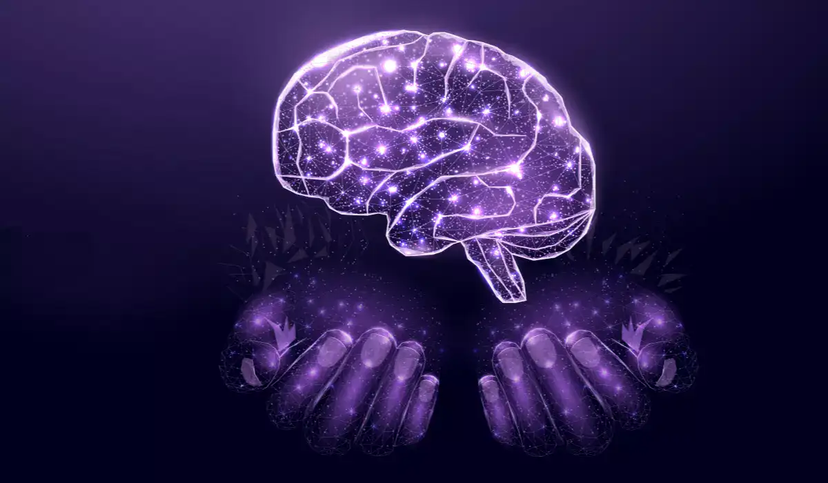 Alzheimer's concept two human hands hold futuristic human brain