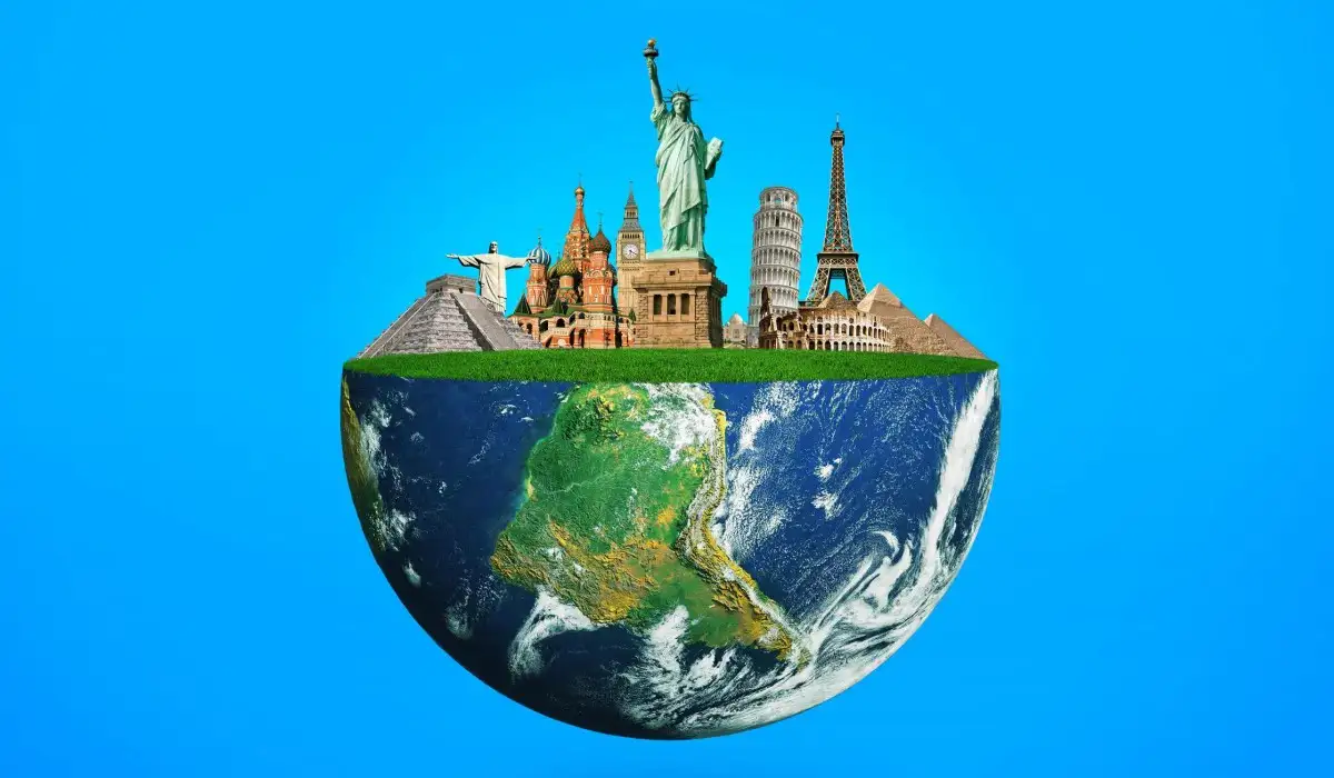 Blue planet Earth with different landmarks, all in travel concept.