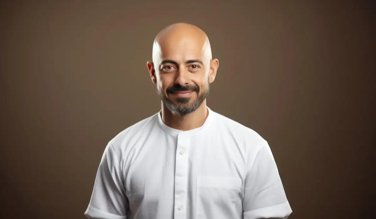 Bald man smiling with a brown background
