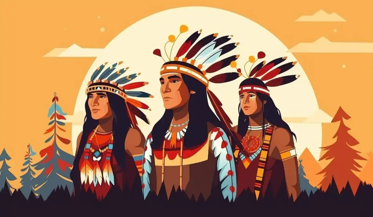 Illustration of Indigenous people on a background with trees and a big sun