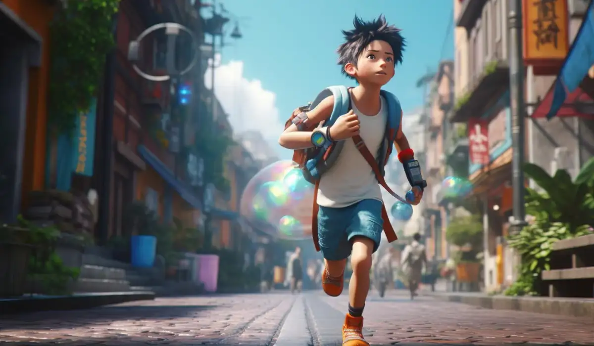 Animated boy running through the city with a backpack