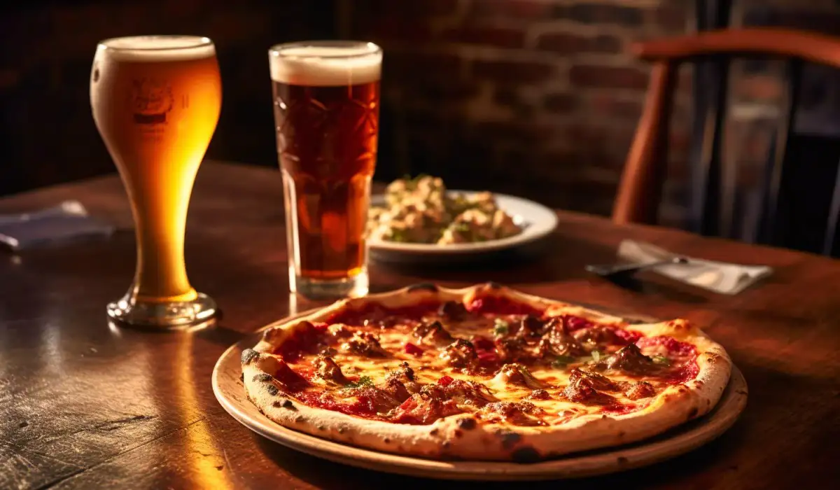 A pizza on top of a table next to a glass of beer