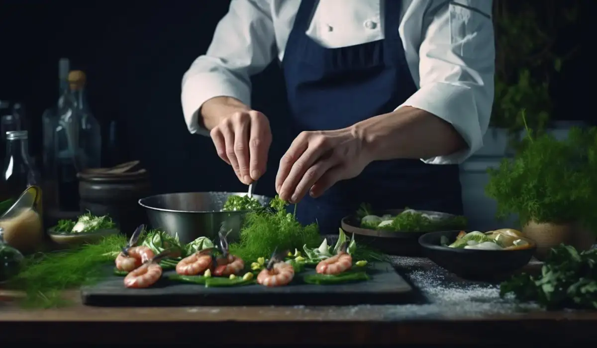 Professional chef prepares shrimps