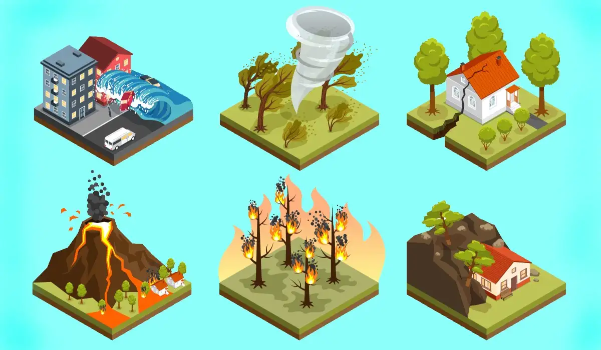 Natural disasters in isometric set with eruption, volcanic earthquake, tsunami, forest fire, tornado, landslide isolated