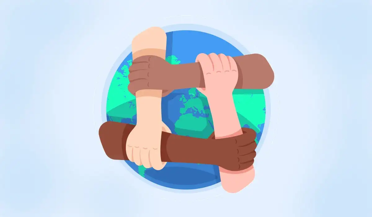 People of different skin colors holding their arms with planet earth in the background
