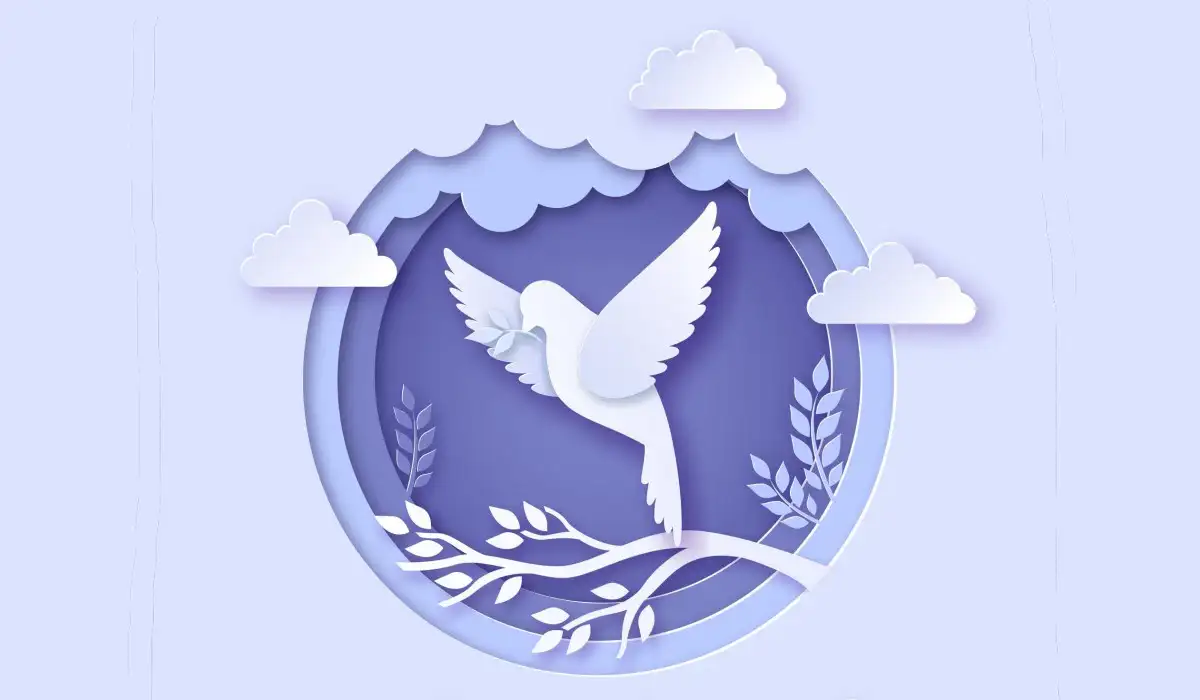 Illustration of a dove of peace flying with a branch at the bottom