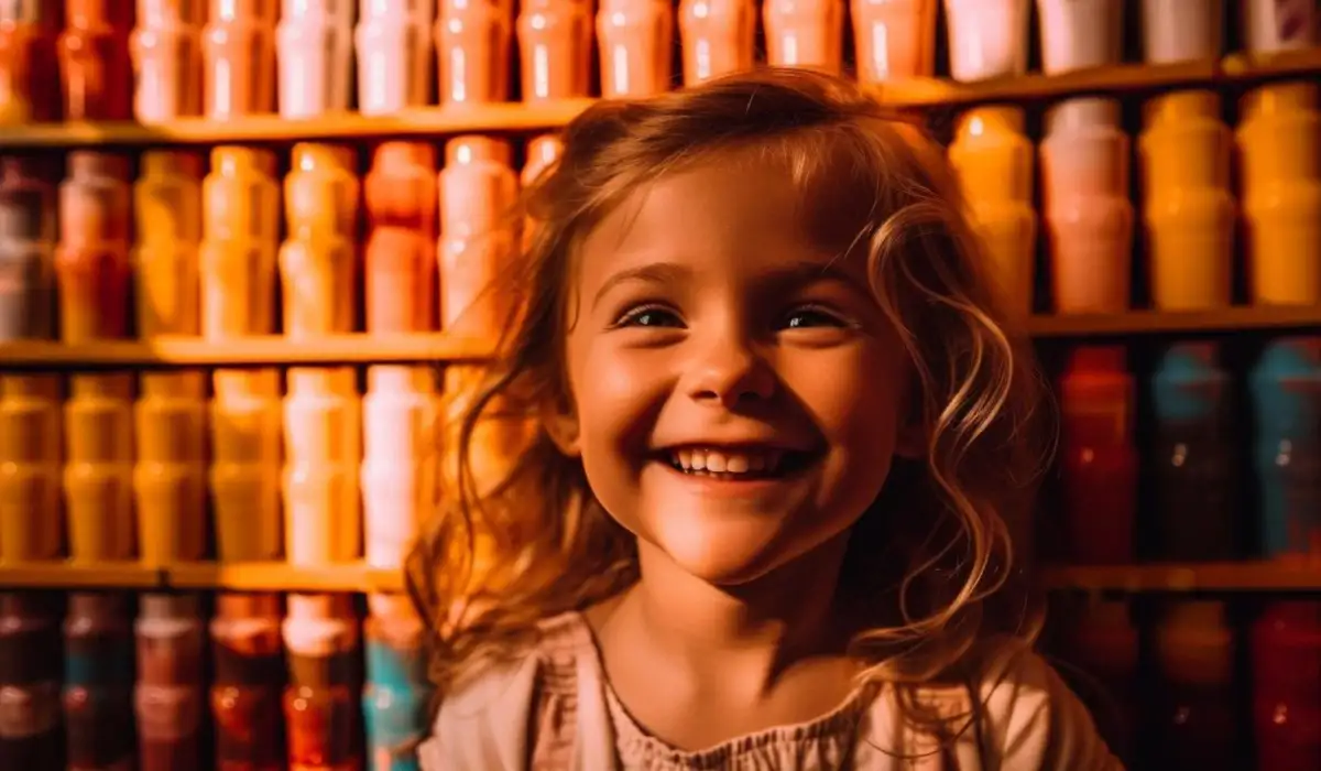 Smiling Caucasian girl enjoying books on shelf