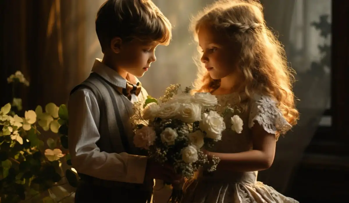 Children with a beautiful bouquet of flowers