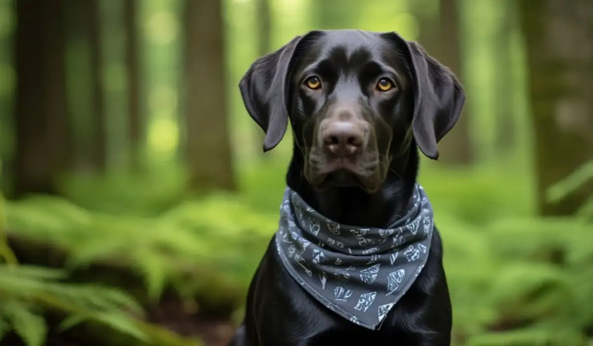 Labrador retriever with a scarf on his neck, with a background in the forest