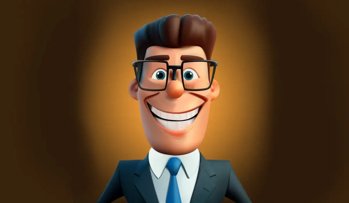 A cartoon boss with glasses and a blue tie is smiling