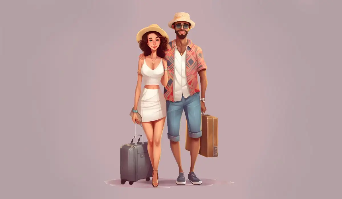 A couple as tourists with suitcases in an illustration