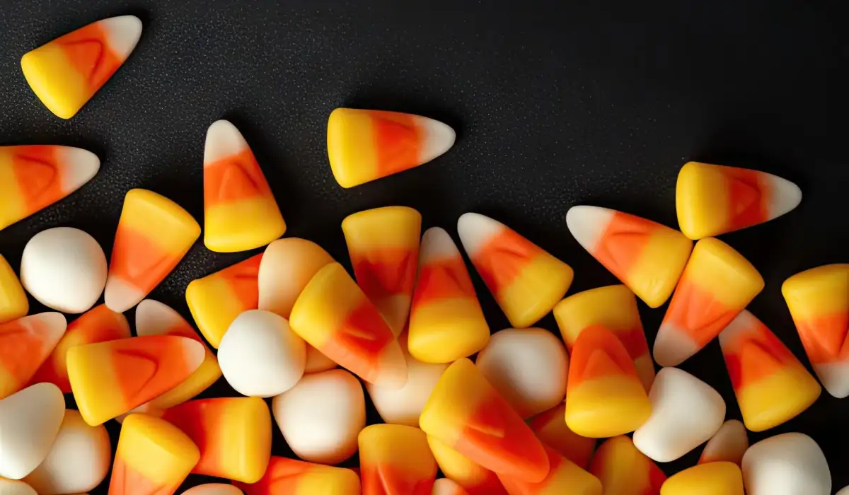 Halloween sweets some candy corn scattered on a black table