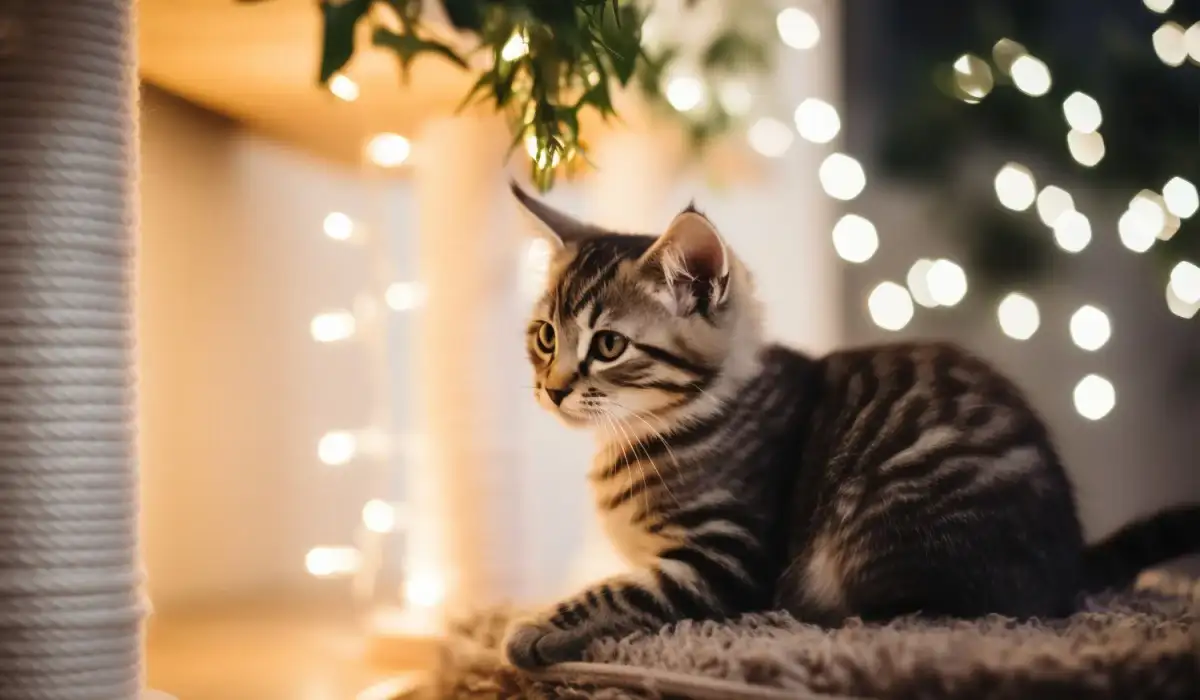 Adorable cat on a soft cushion with lights in the background