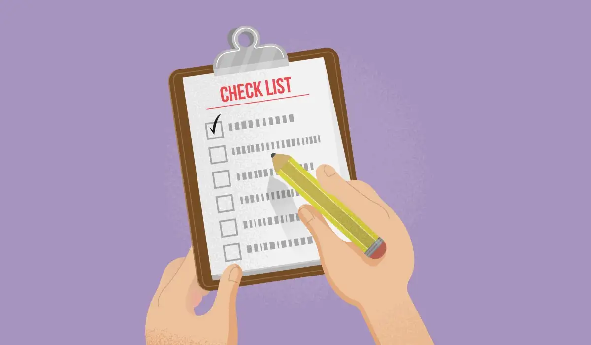 Checklist with hands holding a pencil in retro style